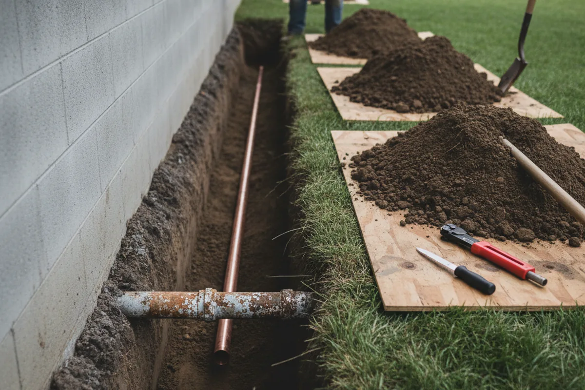 Excavated water line trench during Sewer Line Repair in Deer Isle